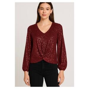 Spense Women's Maroon Red Sequin Twist-Front V-Neck Long Sleeve Top Blouse PM